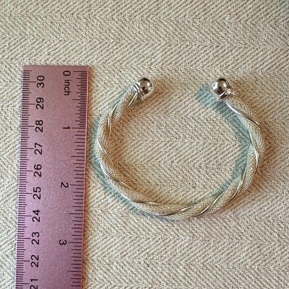 Silver-Tone Open Cuff Bracelet With Twisted Mesh Design & Polished End Caps - Picture 4 of 6